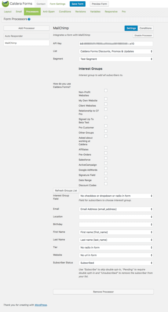 Caldera Forms MailChimp Segments