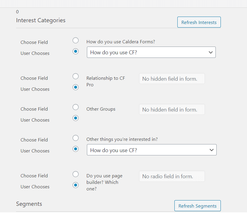 Interest groups and segments settings in Mailchimp add-on.