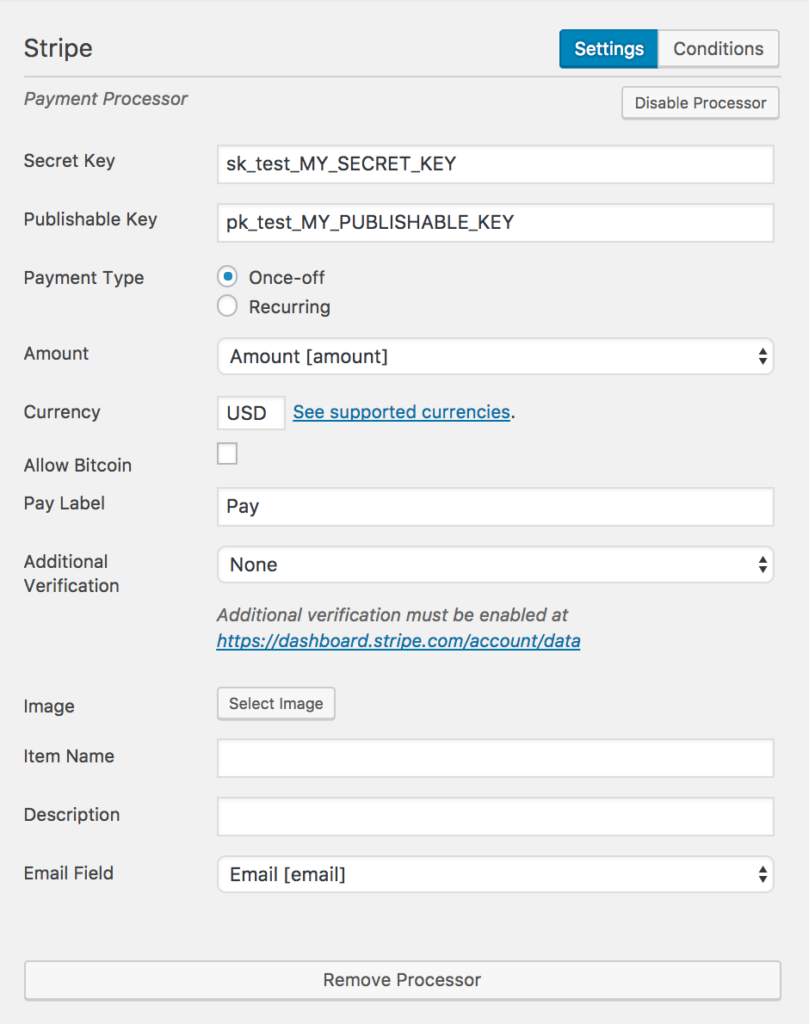 Screenshot of the Stripe Processor for Caldera Forms.