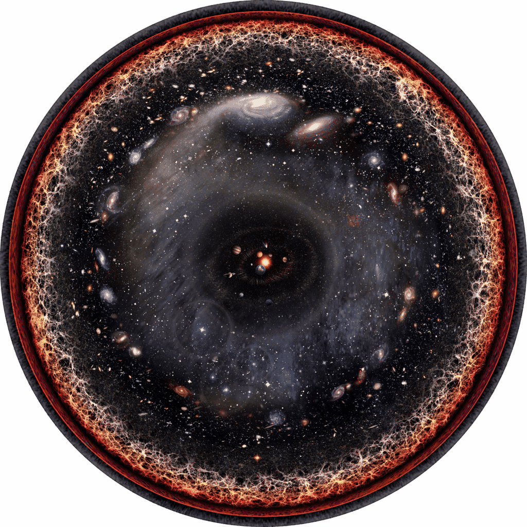 Artist's logarithmic scale conception of the observable universe with the Solar System at the center, inner and outer planets, Kuiper belt, Oort cloud, Alpha Centauri, Perseus Arm, Milky Way galaxy, Andromeda galaxy, nearby galaxies, Cosmic Web, Cosmic microwave radiation and Big Bang's invisible plasma on the edge. From Wikipedia.