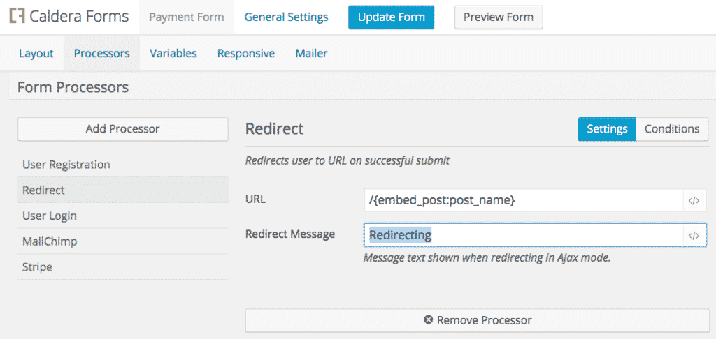 screenshot of the redirect processor used to refresh the page