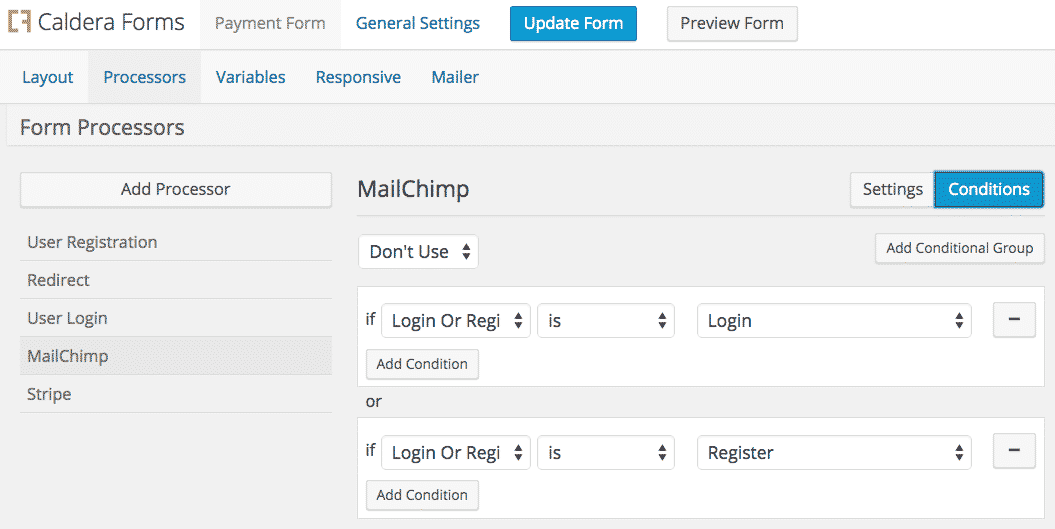 Screenshot showing MailChimp Processor Conditionals