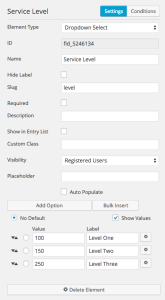 Screenshot of Caldera Forms setting for the product dropdown