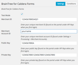 Setting up BrainTree account details in order to accept payments using Caldera Forms