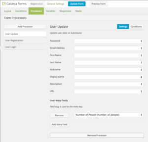 Settings for WordPress user profile editing with Caldera Forms Users add-on