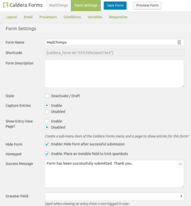 Caldera Forms shortcode in the form settings tab