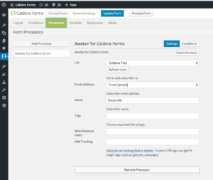 Caldera Forms Aweber configuration