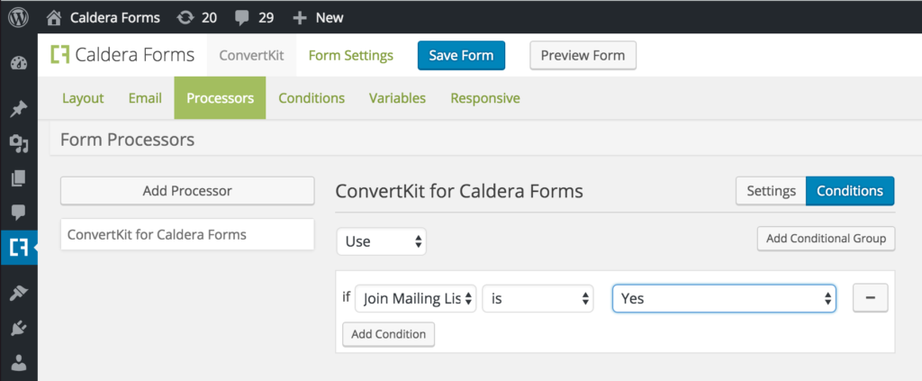 Conditional logic settings for ConvertKit processor