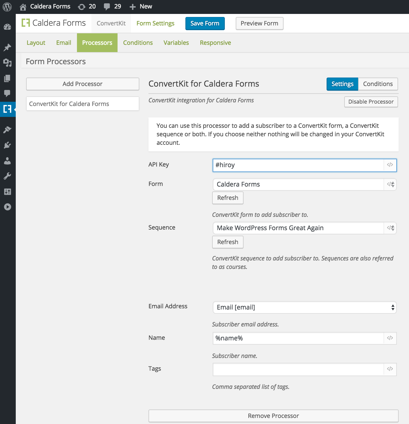 Settings for Caldera Forms ConvertKit