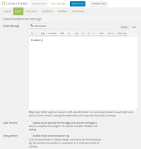 Caldera Forms Email Notification Settings