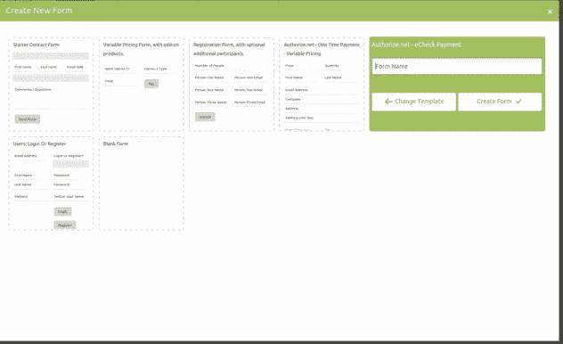 Creating a new form using Caldera Forms for Authorize.net eCheck template