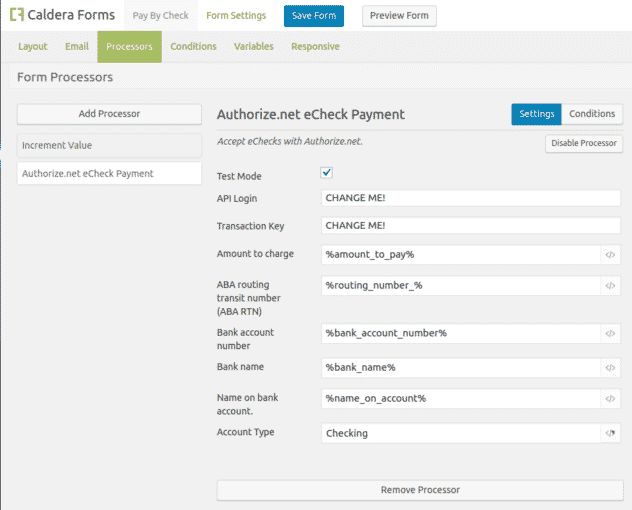 The Caldera Forms Authorize.net eCheck settings