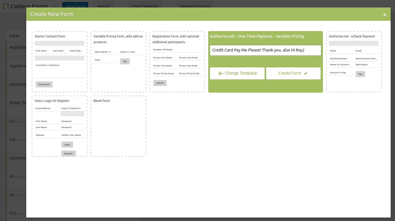 Creating a new form for accepting credit cards with Authorize.net and Caldera Forms