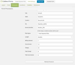 Settings for creating payment plans using Authorize.net and Caldera Forms.