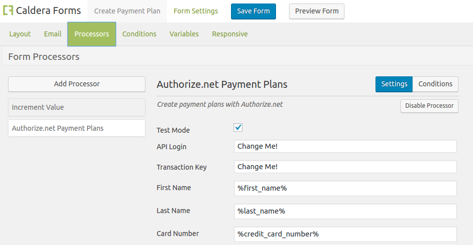 Settings for creating payment plans using Authorize.net and Caldera Forms.