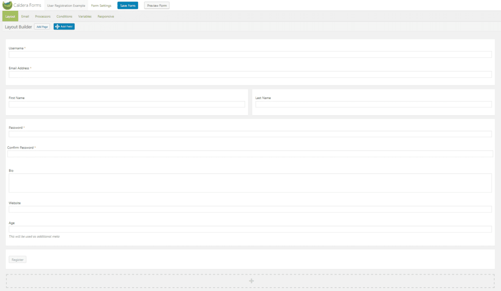 Caldera Forms User Registration Form