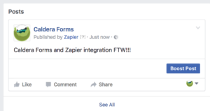 An example post of a Facebook Status made from a Caldera Form.