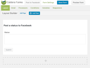 Caldera Form example for posting a status to Facebook with Zapier add-on.