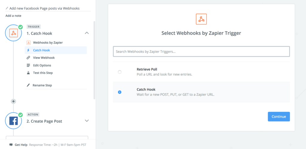 A screenshot of settings to catch a webhook in Zapier.