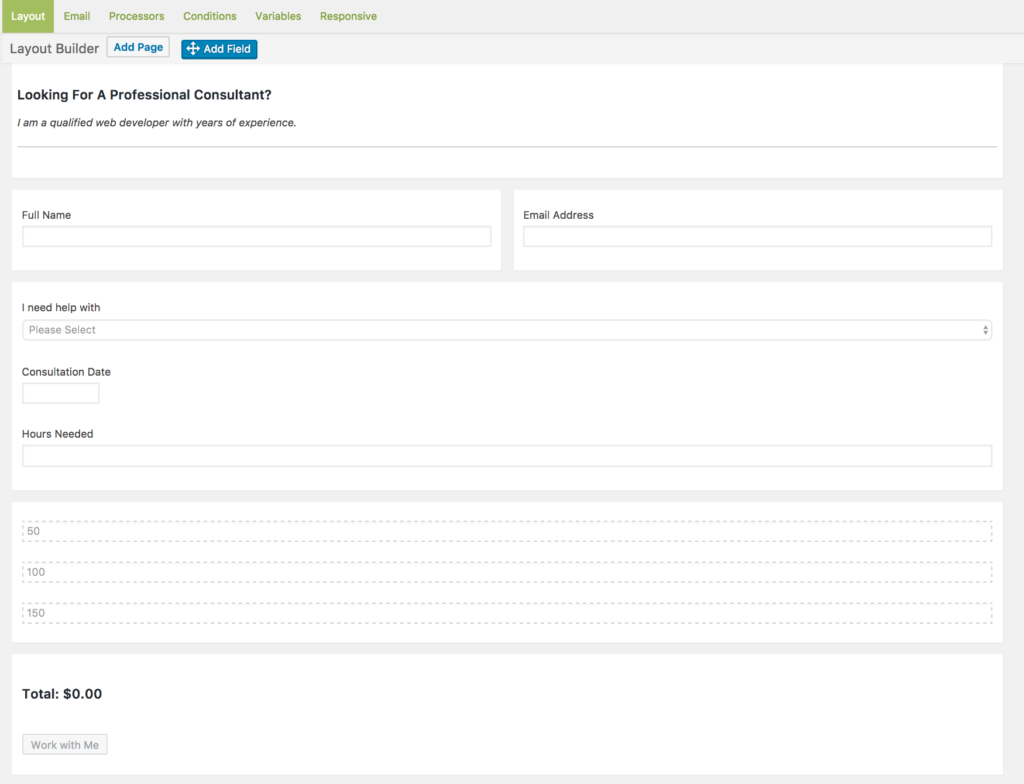 An example Caldera Form to accept payments for consulting services.