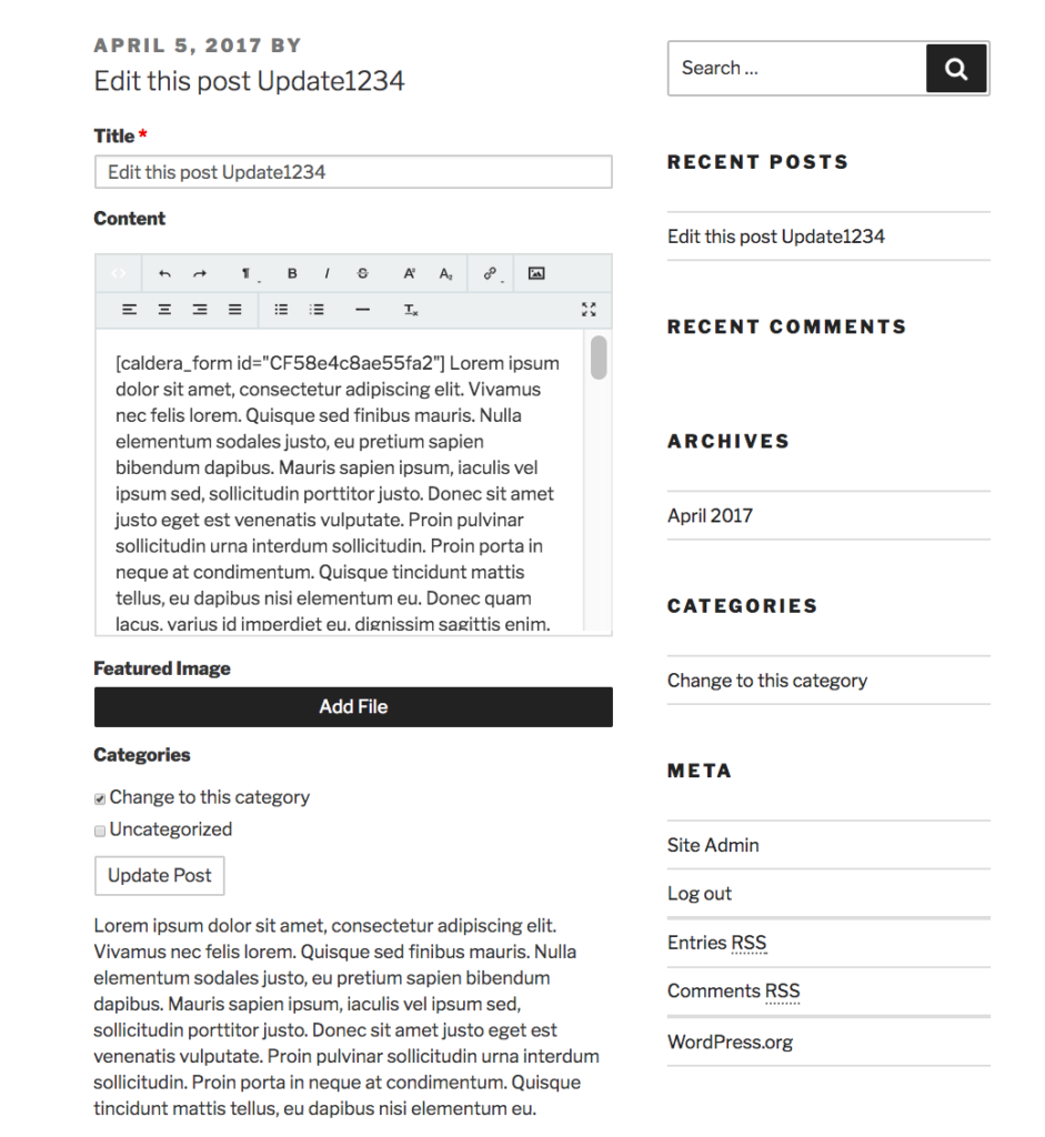 An example of front-end WordPress post editing using Caldera Forms