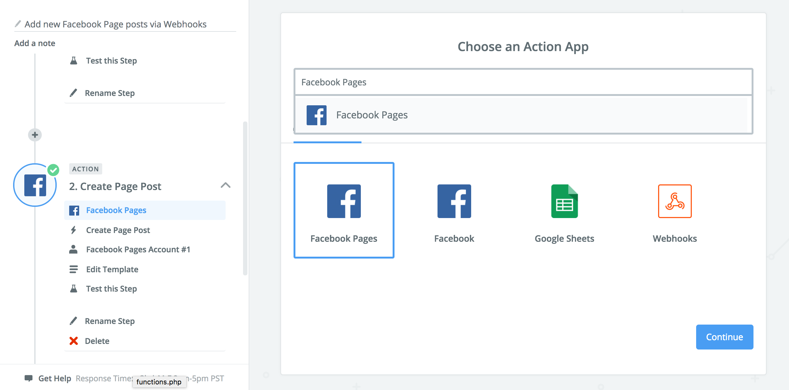 A screenshot of a user select Facebook Pages as an action.