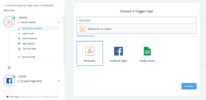 Screenshot of selecting a webhook as a trigger in Zapier.