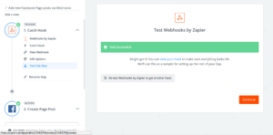 An example of a successful test received for a Webhook in Zapier.