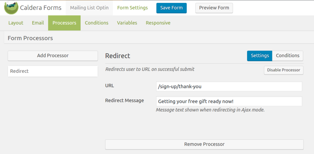 Caldera Forms redirect processor being used to send visitors to a thank you page