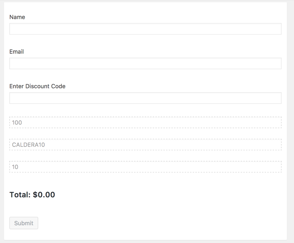 Caldera Forms Discount Code Form Editor Example.