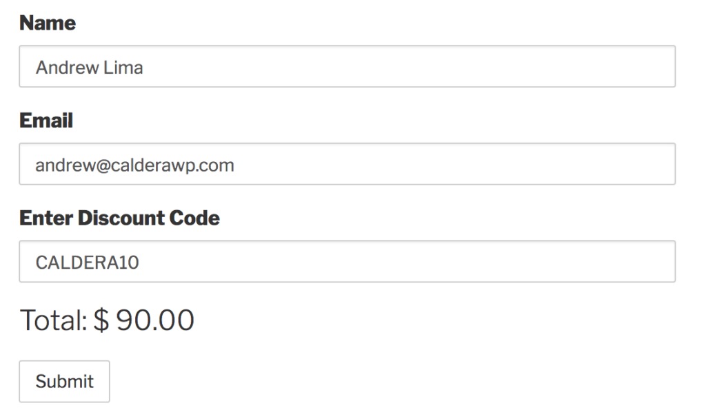 Caldera Forms Discount Code Form Example.