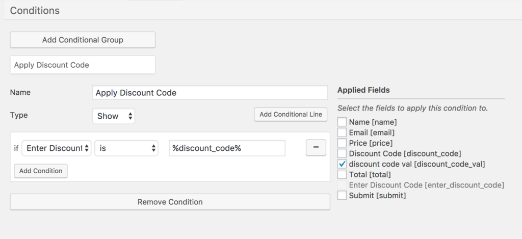 Screenshot for Discount Code Logic in Caldera Forms.