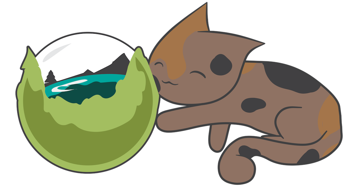 The Catdera mascot for Caldera Labs playing with the Caldera globe logo