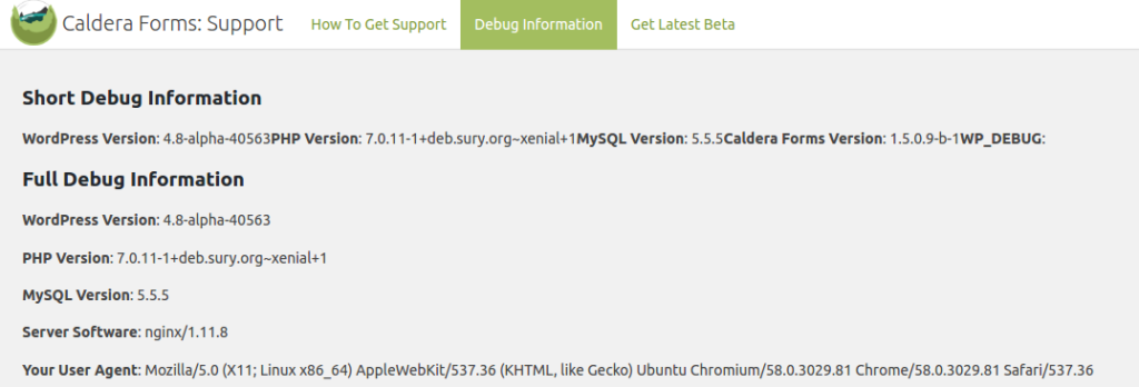 Caldera Forms Debug Info