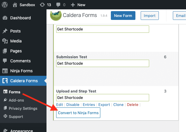 convert to ninja forms button located directly beneath form title and options