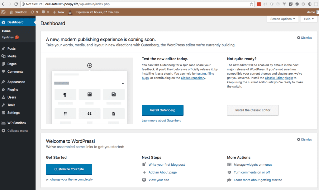 The Try Gutenberg callout box in the WordPress dashboard. Title is 'A new, modern publishing experience is coming soon'