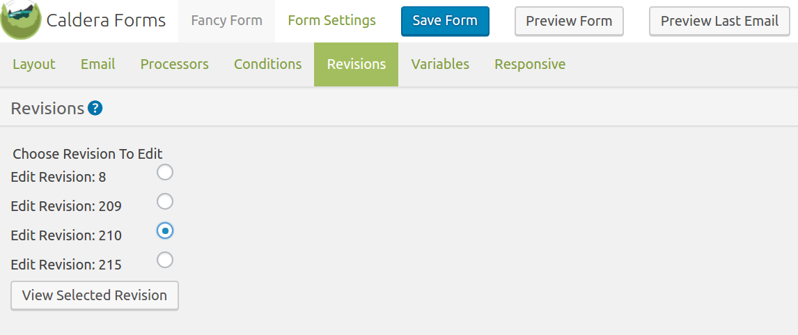 Choosing a Caldera Forms Form Revision To View
