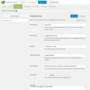 Settings for Caldera Forms Validate Email Processor