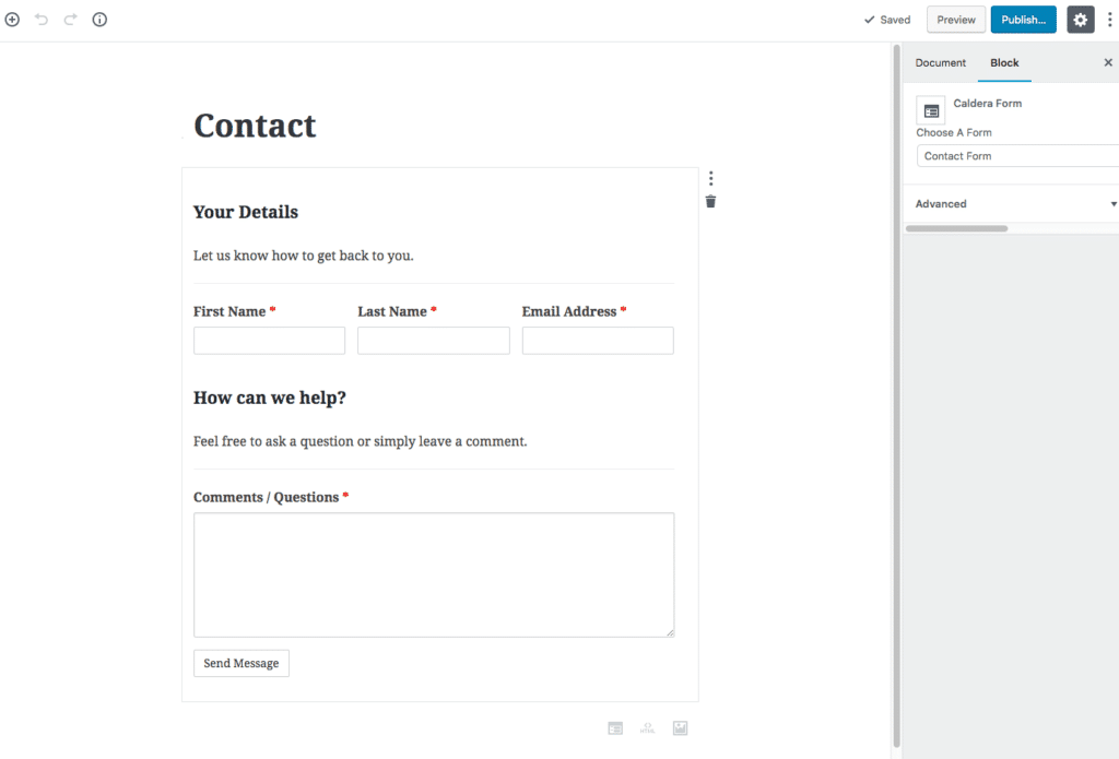 A WordPress Contact Us Page Built With Caldera Forms and Gutenberg