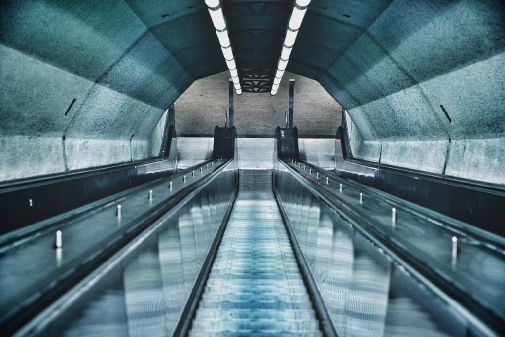 An escalator descending