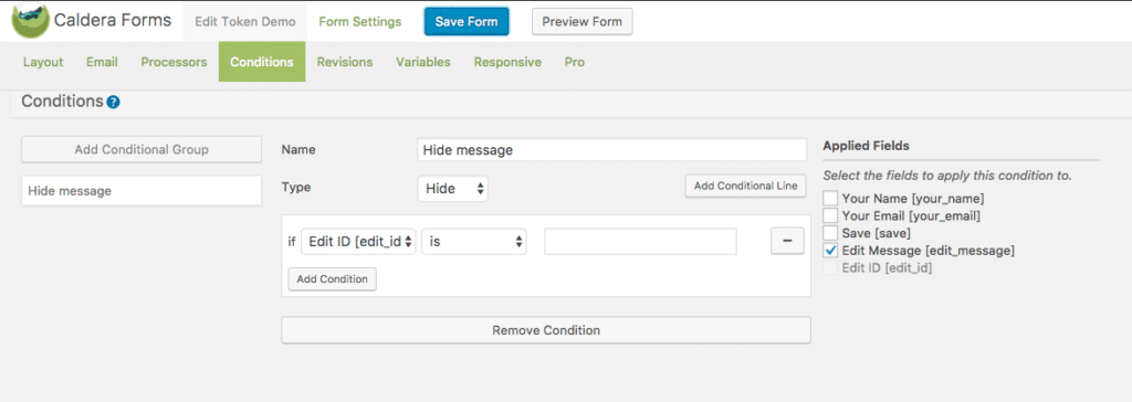 Caldera Forms Editable Form Entry Conditional Logic Setup