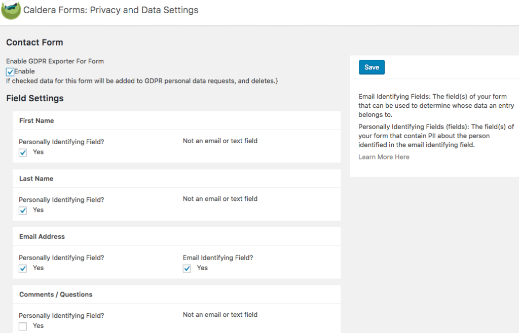 Caldera Forms privacy field settings