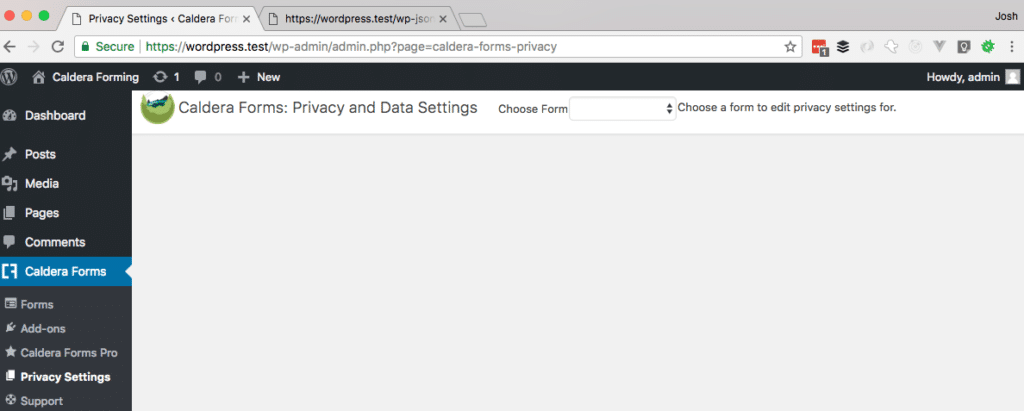 Caldera Forms Privacy Page Without Form Selected