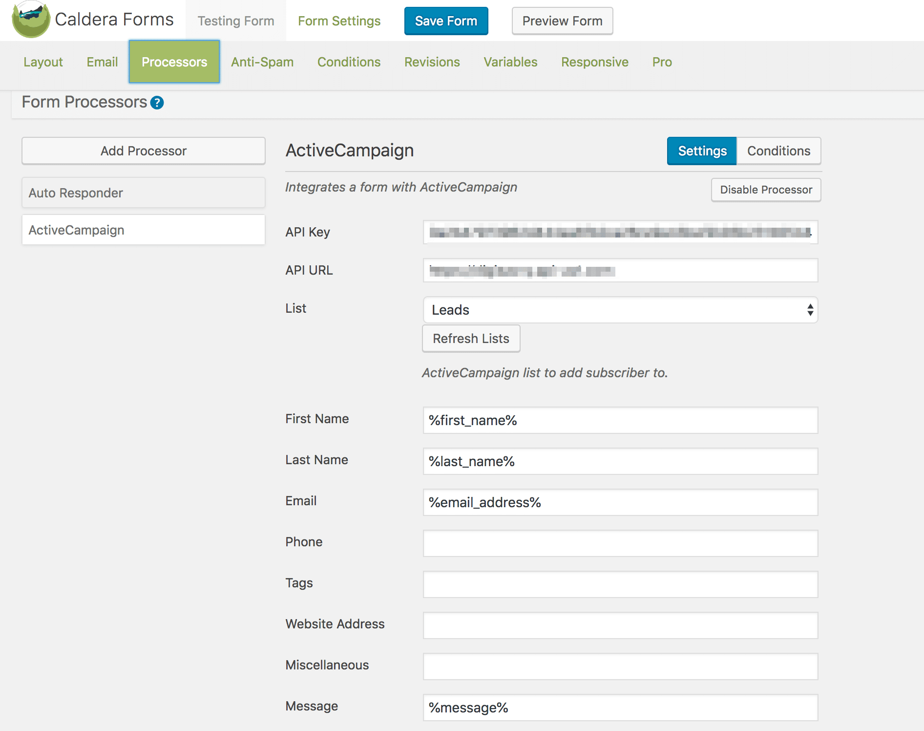 View of Caldera Forms UI, using the ActiveCampaign add-on as a form processor