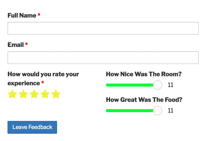 A Caldera Form for rating service with star and range slider fields.