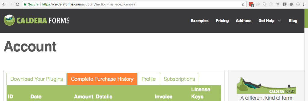 Caldera Forms Account History Page