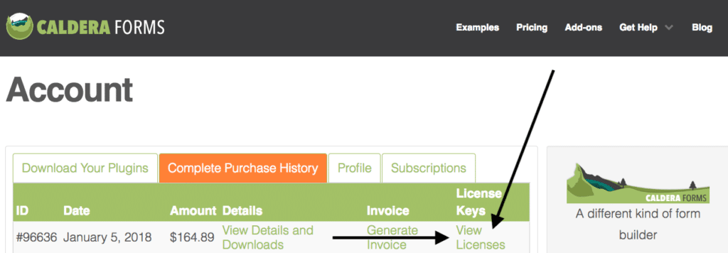 Caldera Forms Account View Licenses  For Upgrade Options