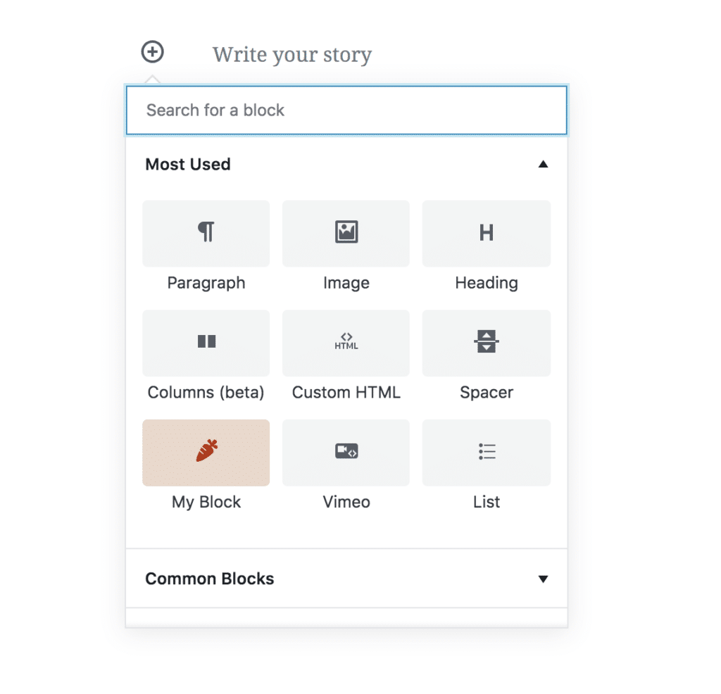 A screenshot of block library in Gutenberg.