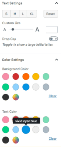 A screenshot of the text settings in Gutenberg editor.