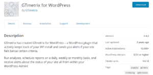 A screenshot of GTmetrix For WordPress plugin page.